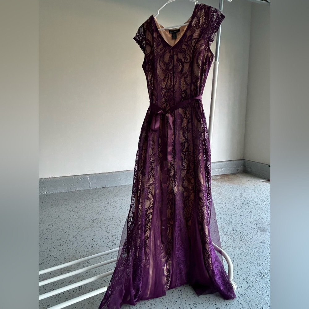 Maxi Purple Lace Dress with Belt